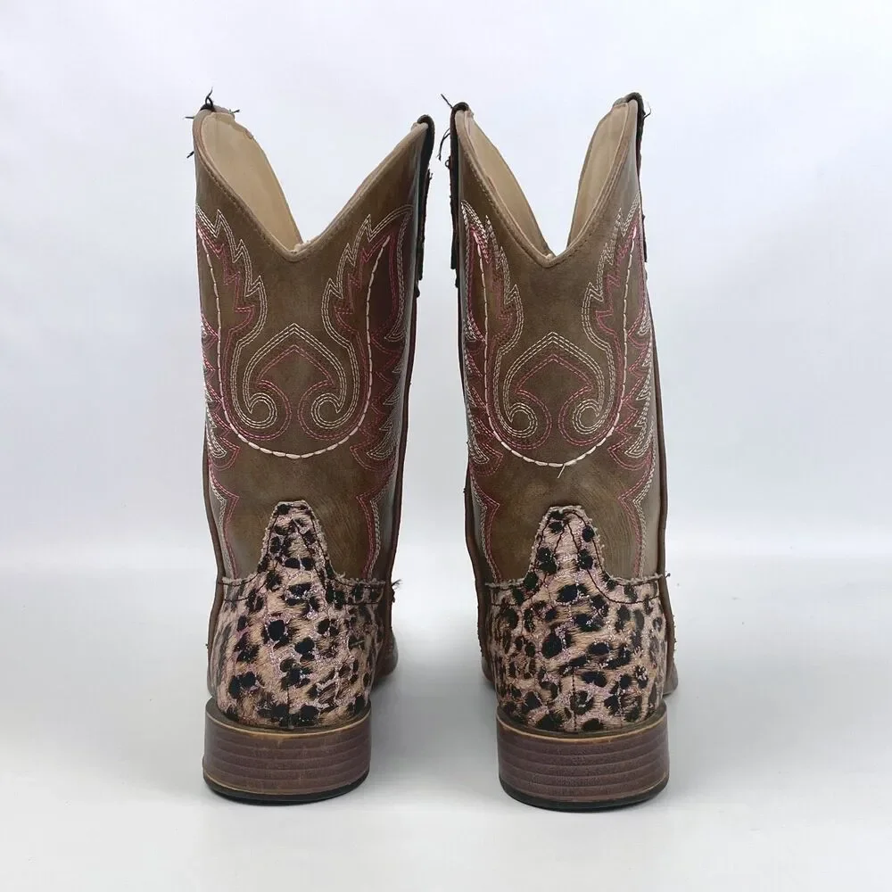 ROPER Little Kids Girls Size 3 Glitter Leopard Square Toe Western Cowboy Boots